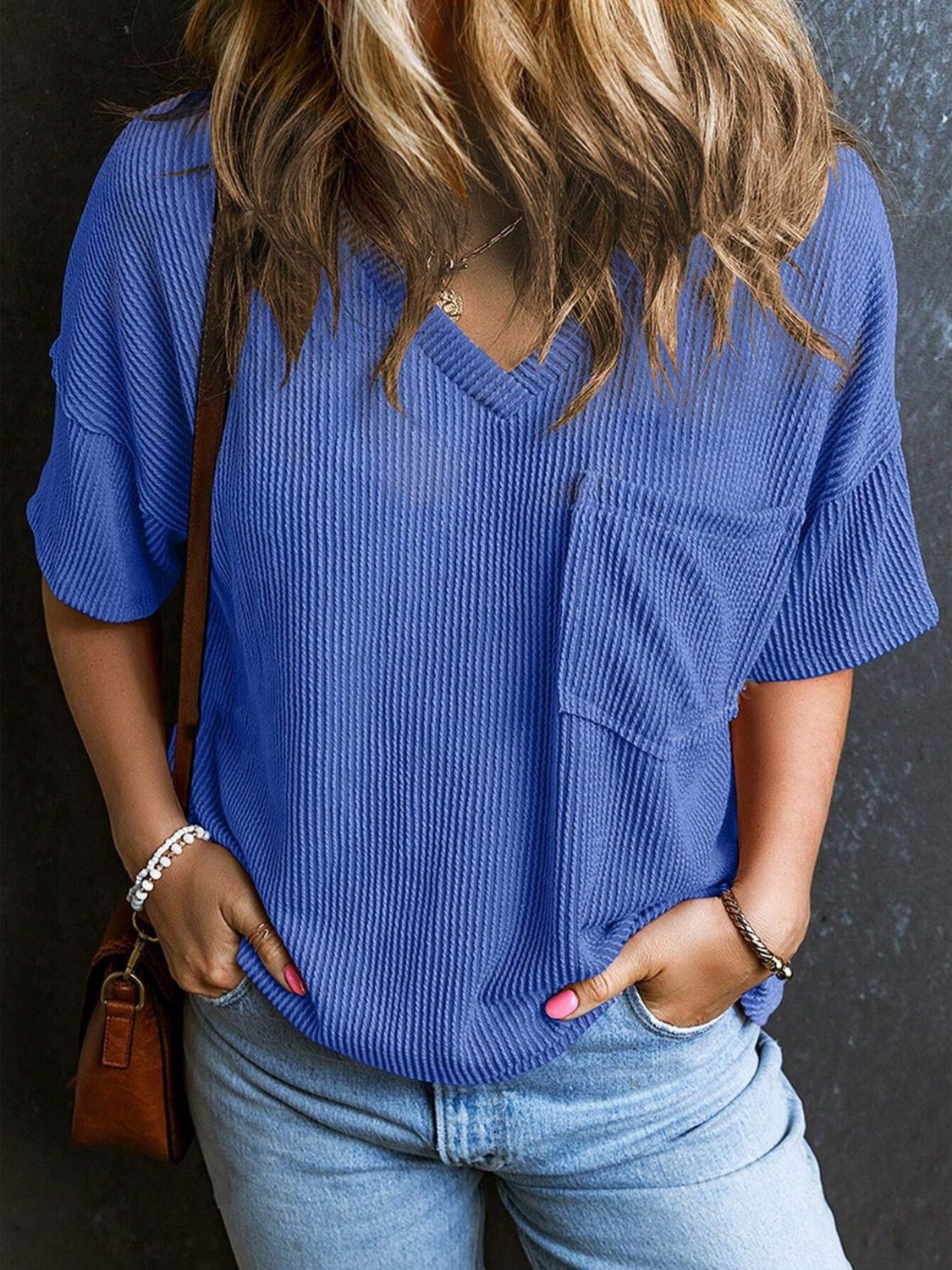 Textured V-Neck Half Sleeve T-Shirt - Classique Collection