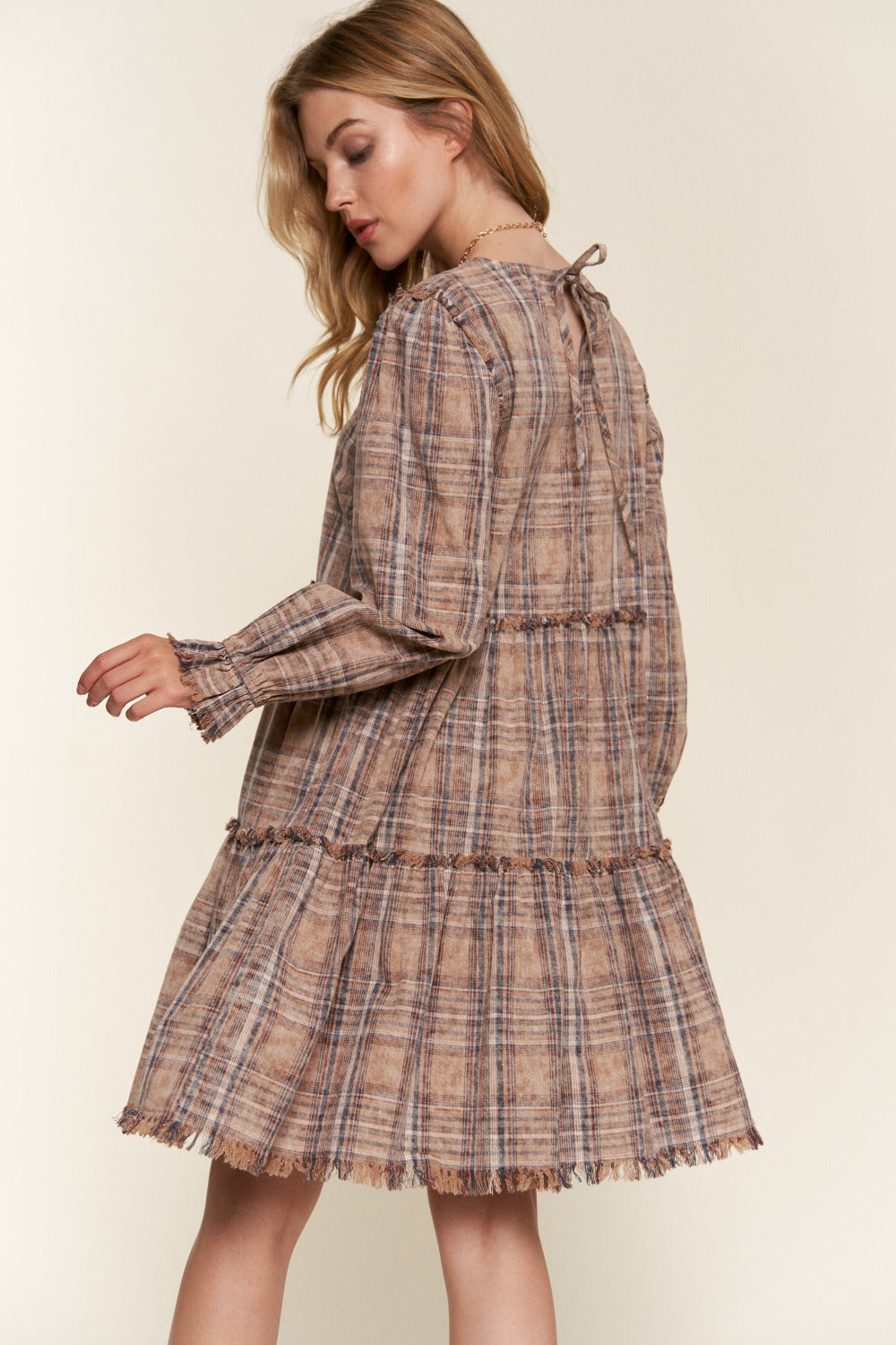 And The Why Full Size Washed Frayed Tiered Plaid Dress - Classique Collection