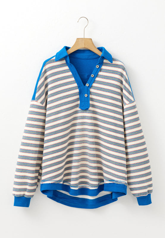 Striped Johnny Collar Long Sleeve Sweatshirt - Classique Collection