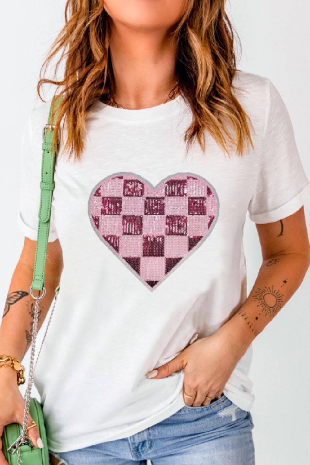 Sequin Checkered Heart Round Neck Short Sleeve T-Shirt - Classique Collection