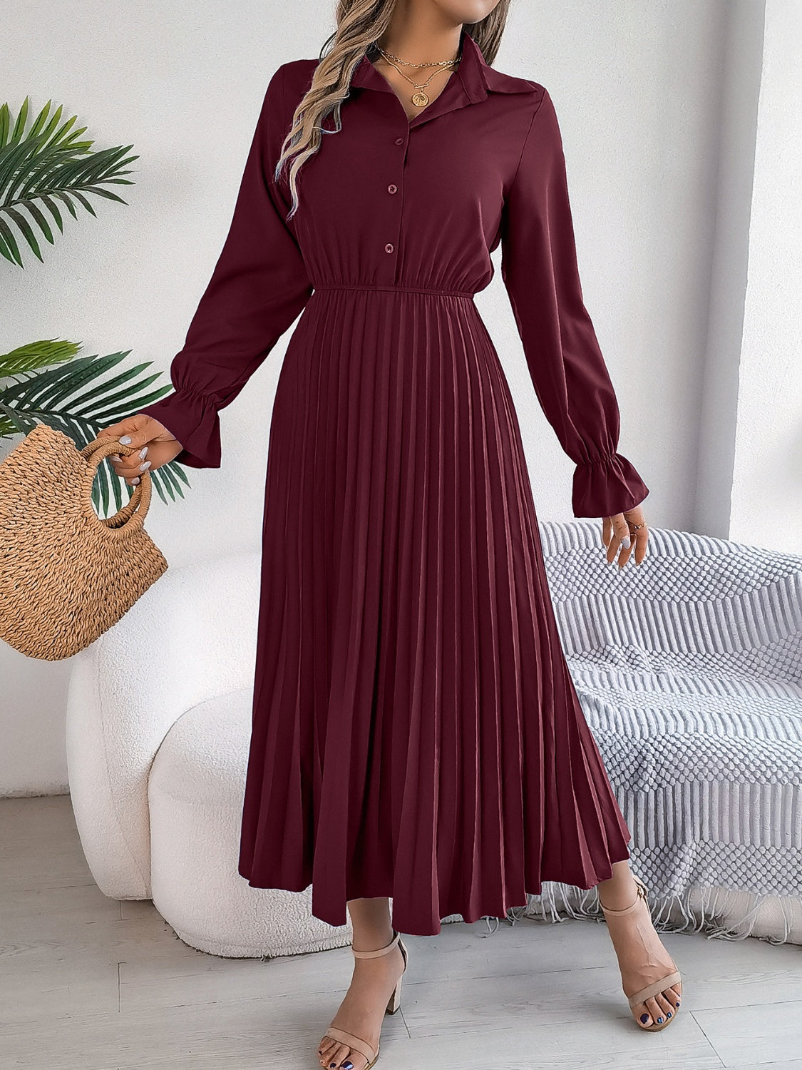 Pleated Half Button Long Sleeve Midi Dress - Classique Collection
