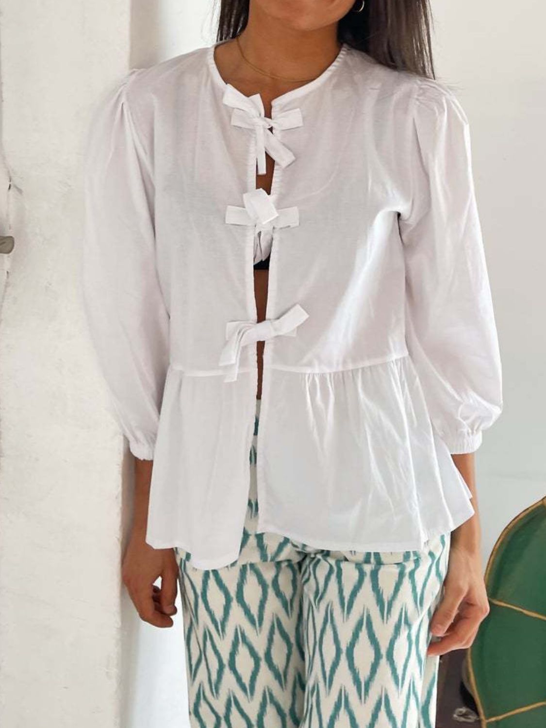 Tied Round Neck Balloon Sleeve Shirt - Classique Collection