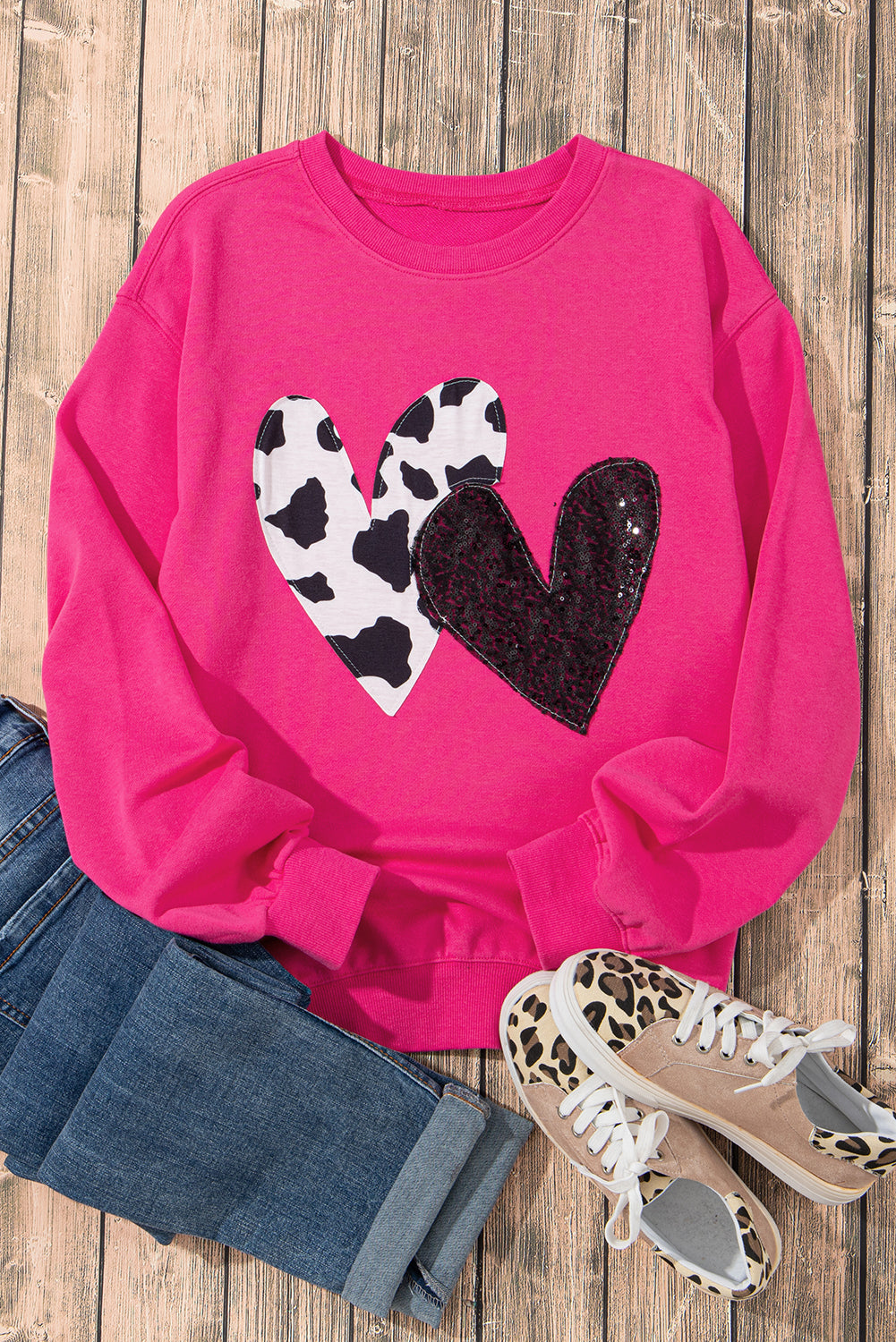 Strawberry Pink Sequins Heart Patch Graphic Sweatshirt - ClassiQ