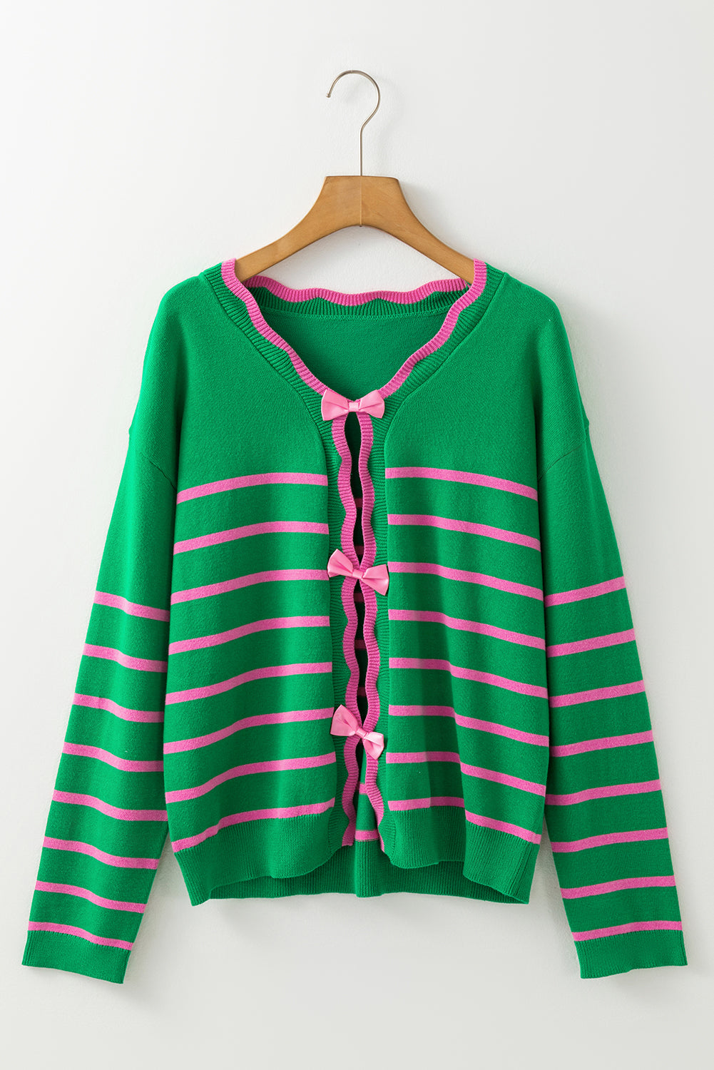 Bow Striped V-Neck Long Sleeve Cardigan - ClassiQ