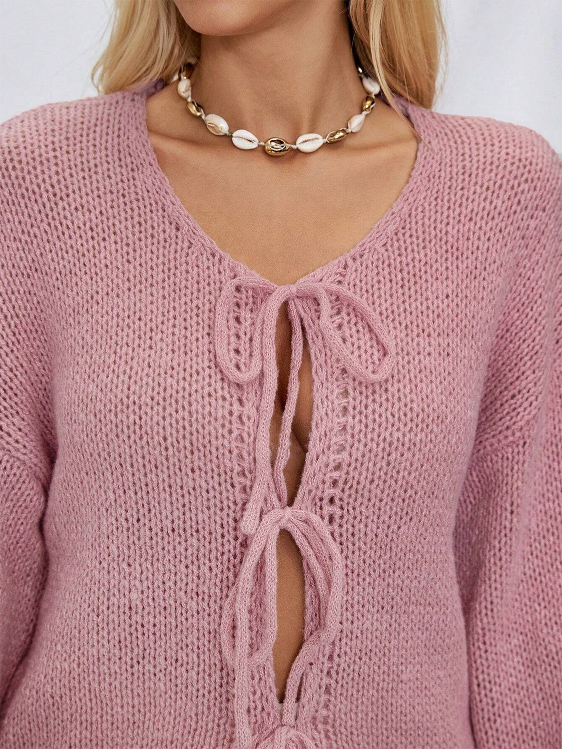 Tied Long Sleeve Dropped Shoulder Cardigan - ClassiQ