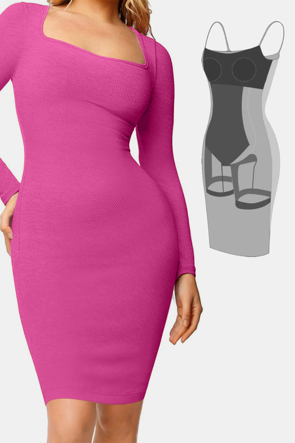 Basic Bae Full Size Built-In Shapewear Square Neck Long Sleeve Dress - Classique Collection