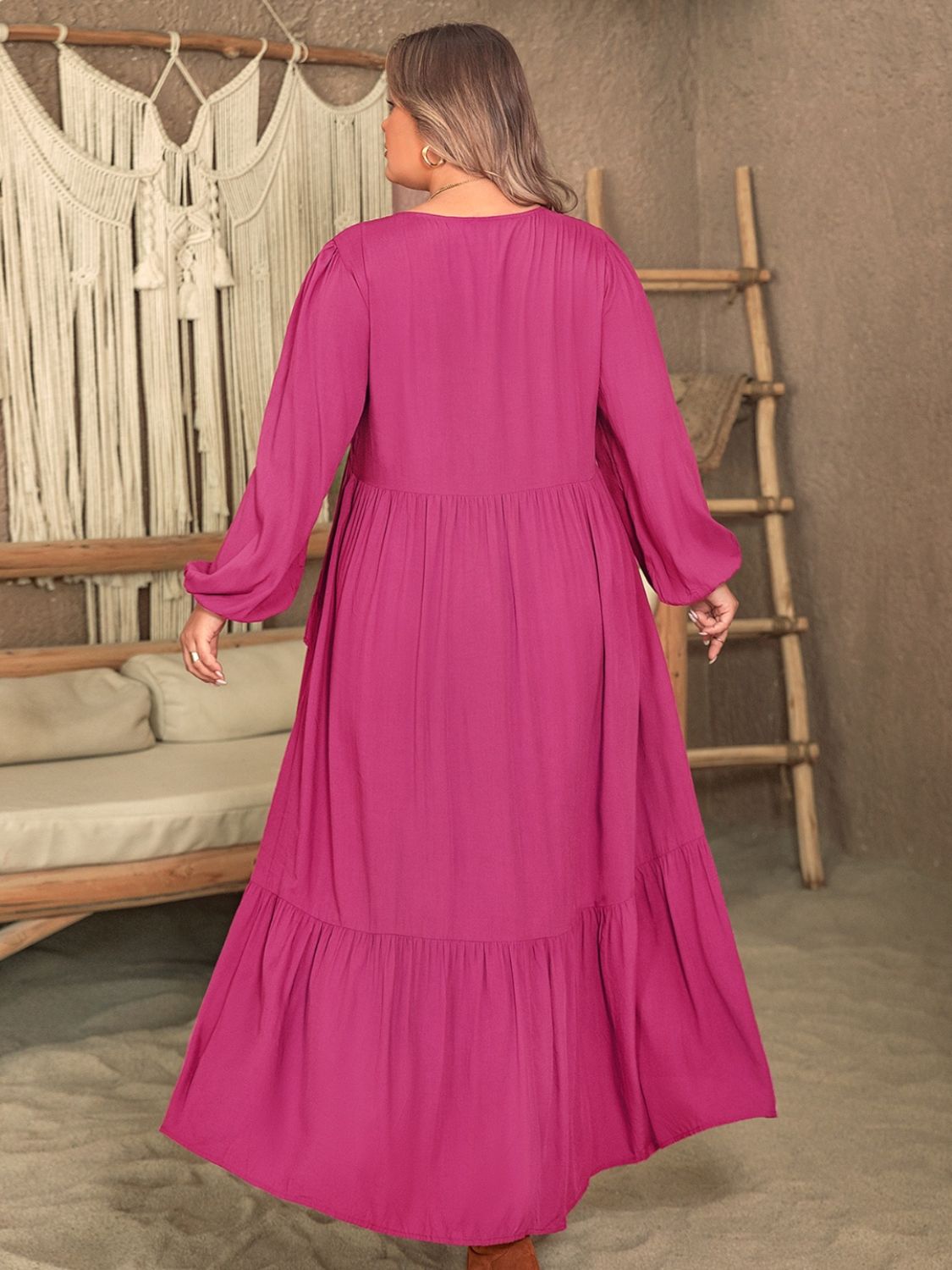 Plus Size Ruffled V-Neck Long Sleeve Dress - Classique Collection