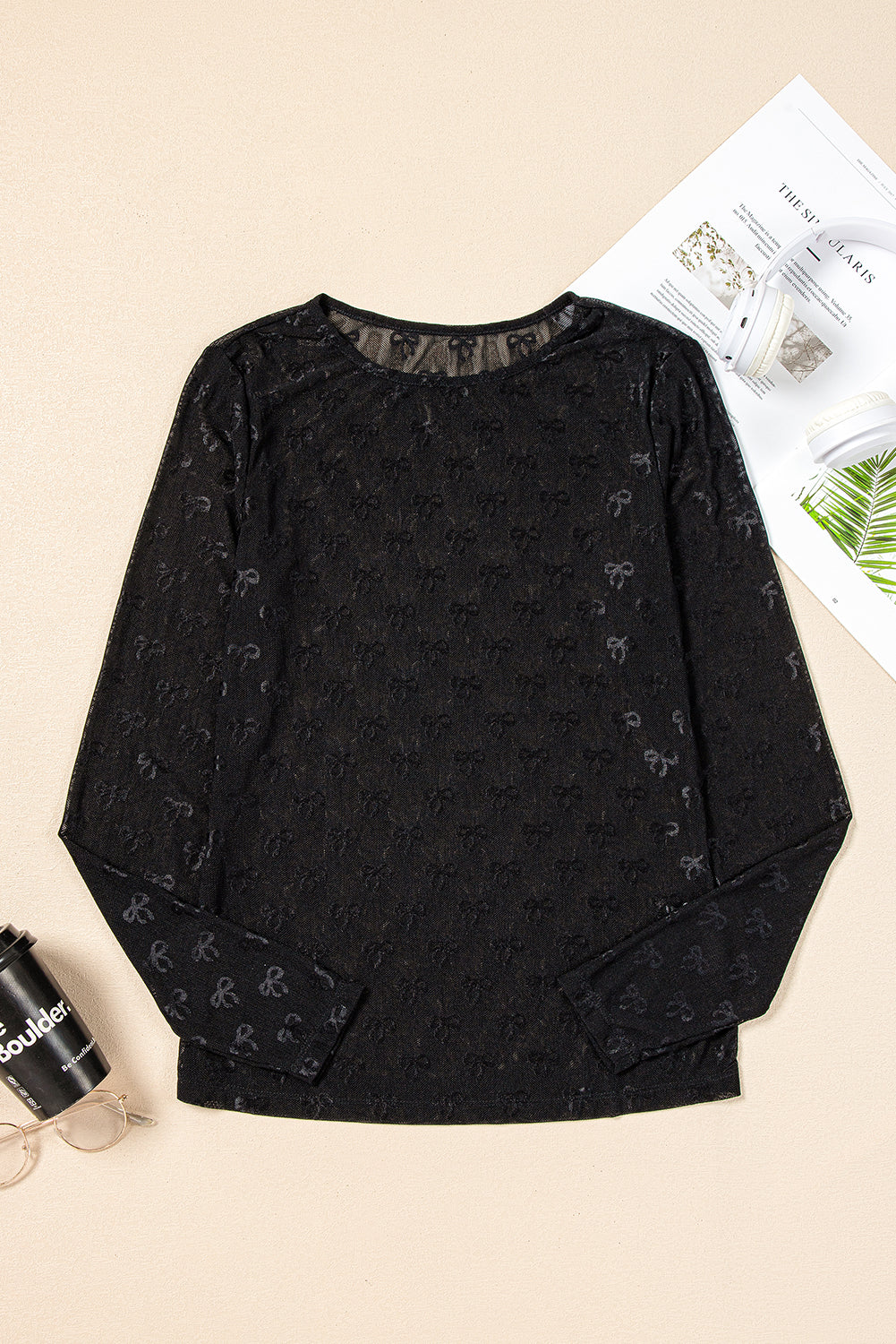 Black Bow Pattern Long Sleeve Slim Fit Mesh Top - ClassiQ