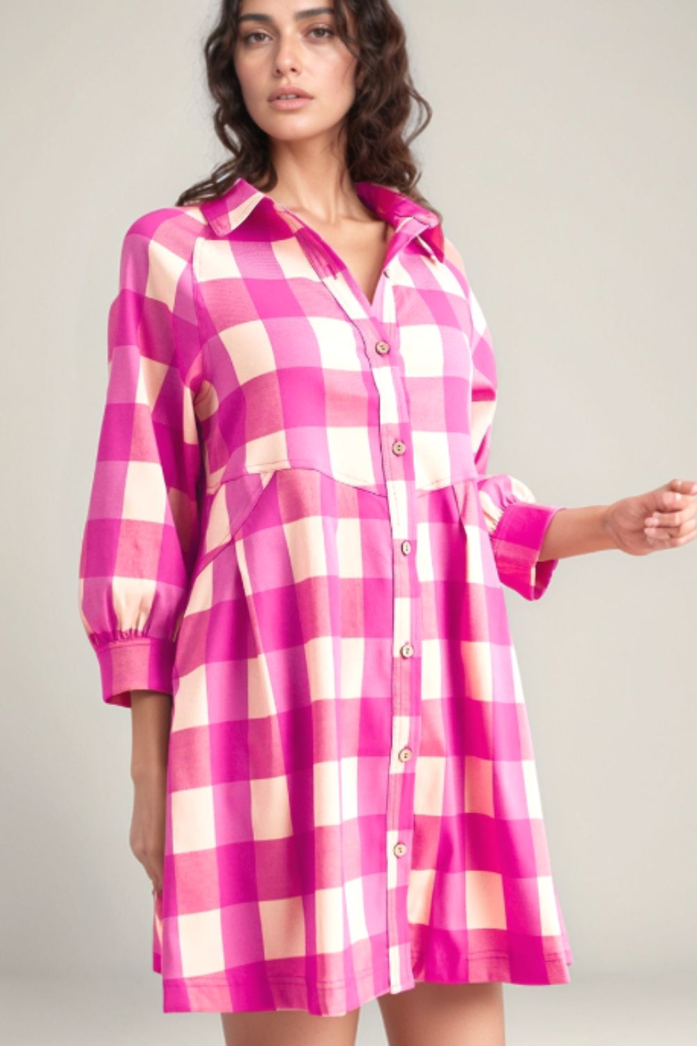 Ruched Plaid Three-Quarter Sleeve Shirt Dress - Classique Collection