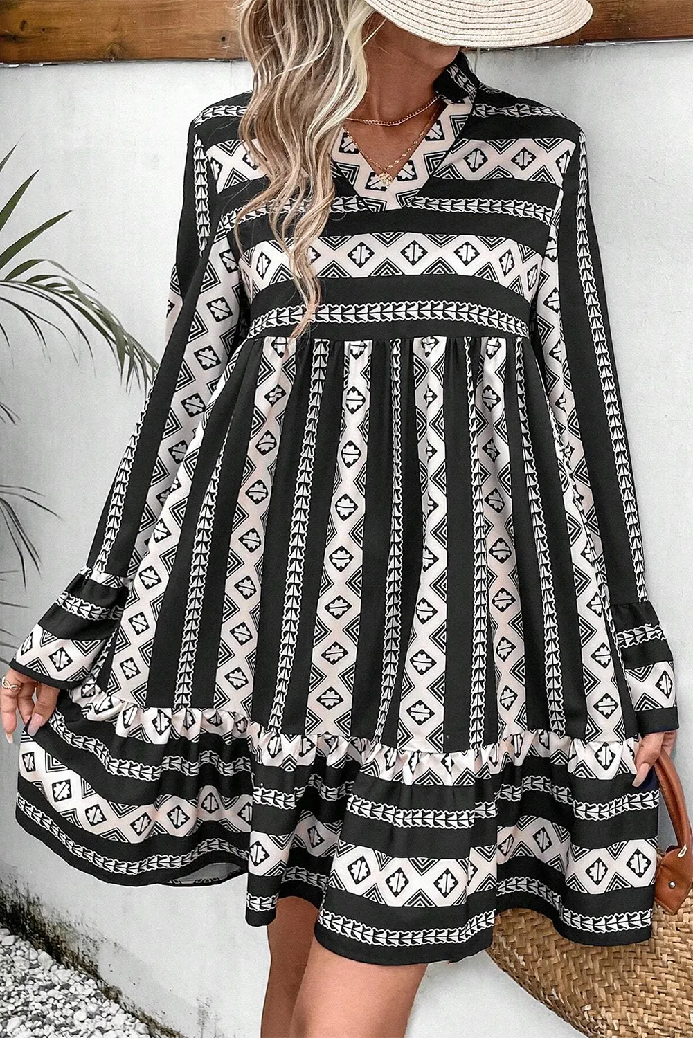 Ruffle Hem Geometric Notched Flare Sleeve Dress - Classique Collection