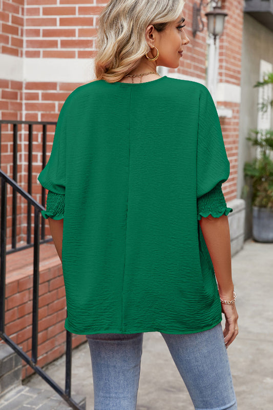 Round Neck Smocked Lantern Sleeve Blouse - Classique Collection