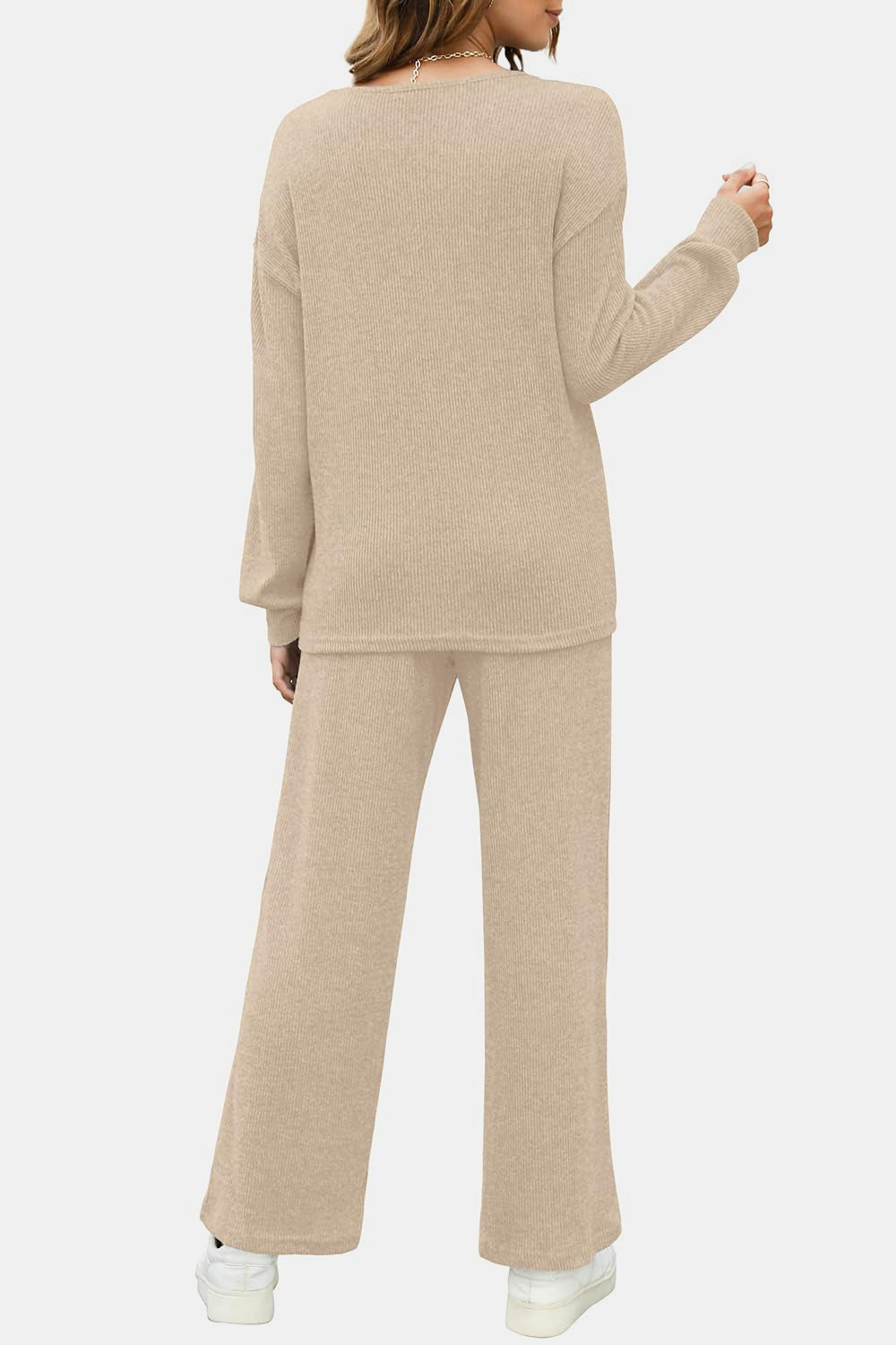 Round Neck Long Sleeve Top and Pants Set - ClassiQ