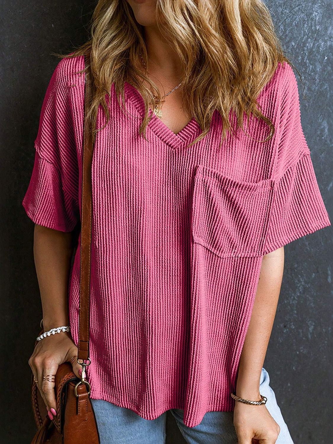 Textured V-Neck Half Sleeve T-Shirt - Classique Collection