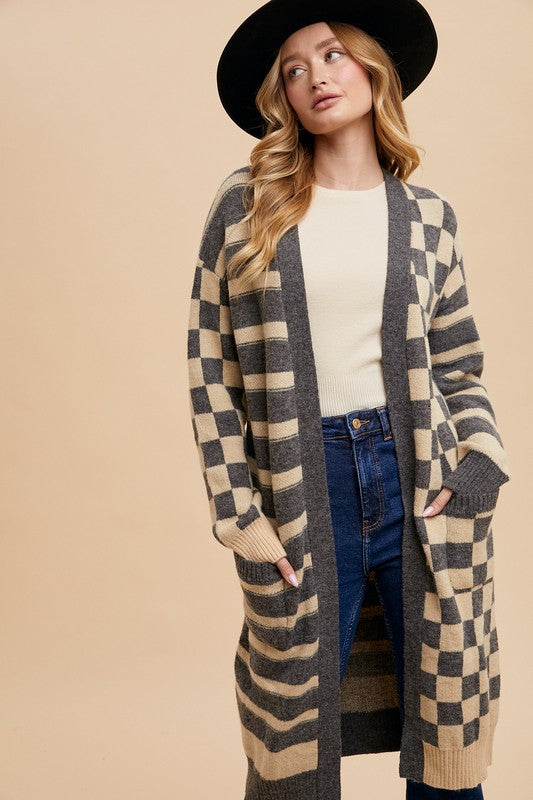 Annie Wear Checkered & Striped Open Front Long Sleeve Cardigan - ClassiQ