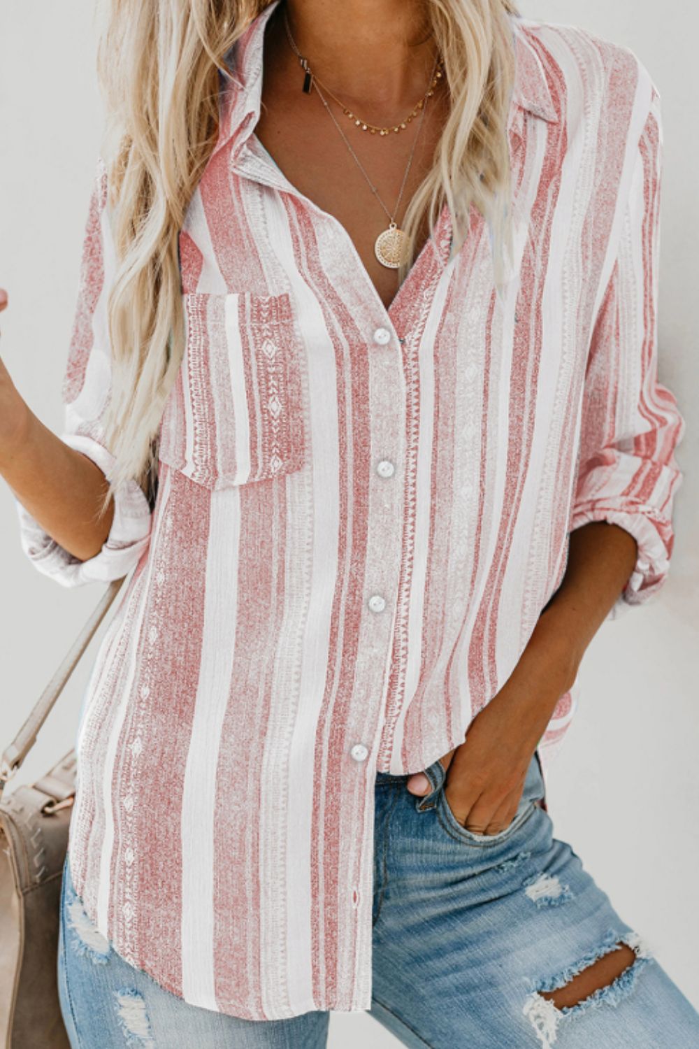Striped Collared Neck Long Sleeve Shirt - Classique Collection
