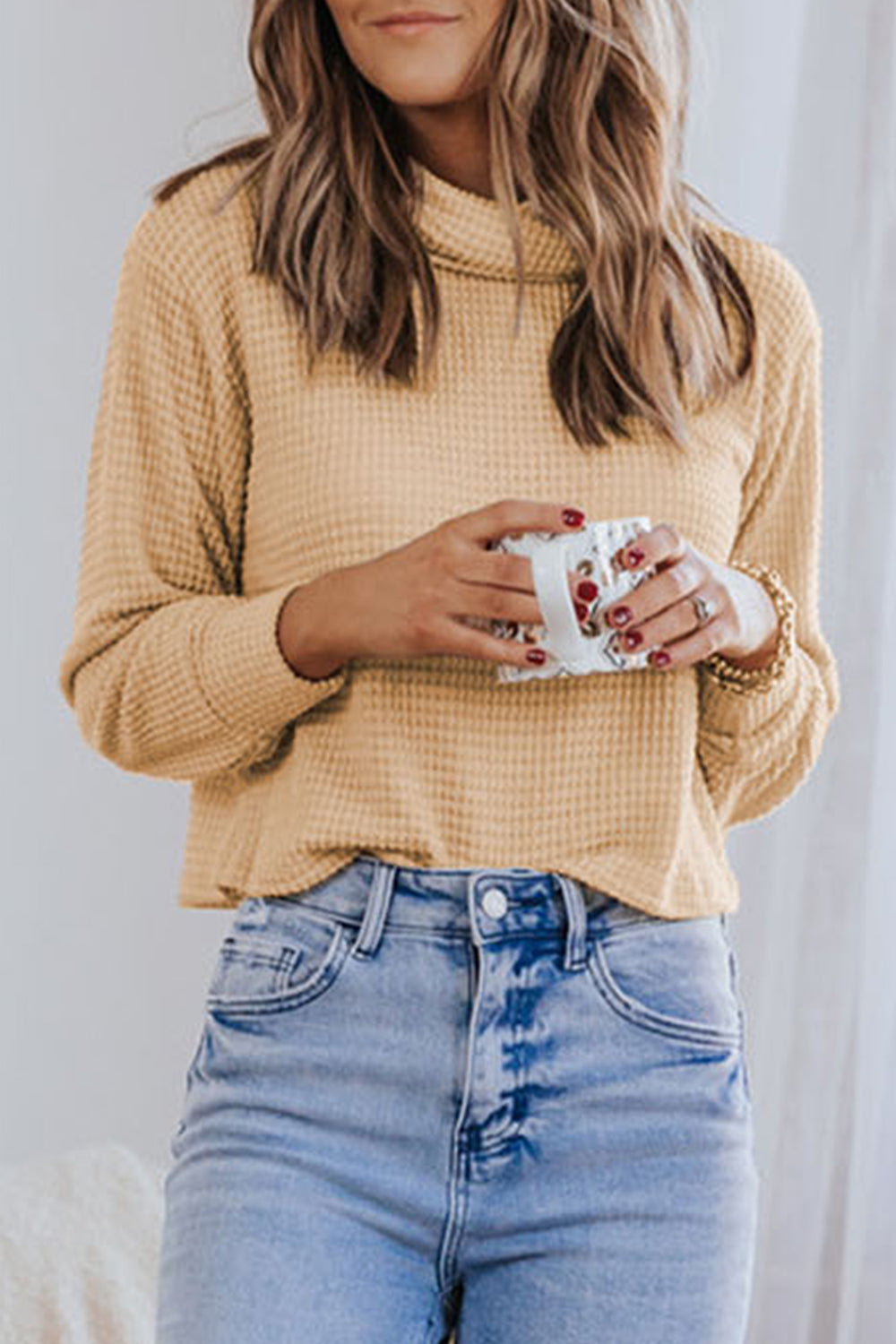 Waffle-Knit High Neck Top - Classique Collection