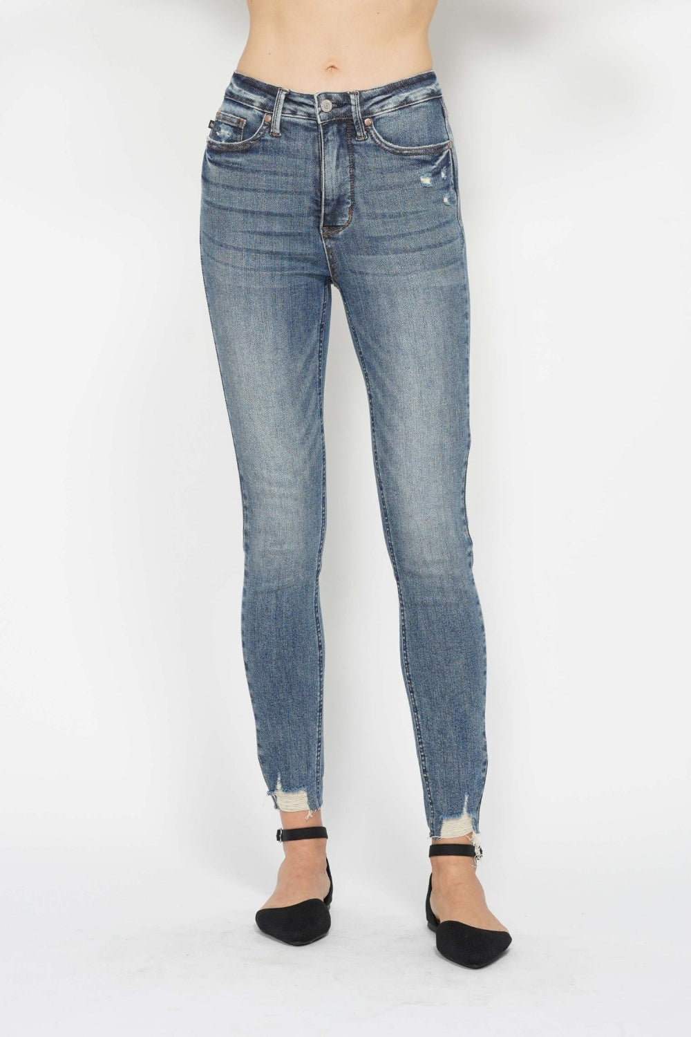 Judy Blue Full Size Tummy Control Vintage Wash Hem Destroy Skinny Jeans - Classique Collection