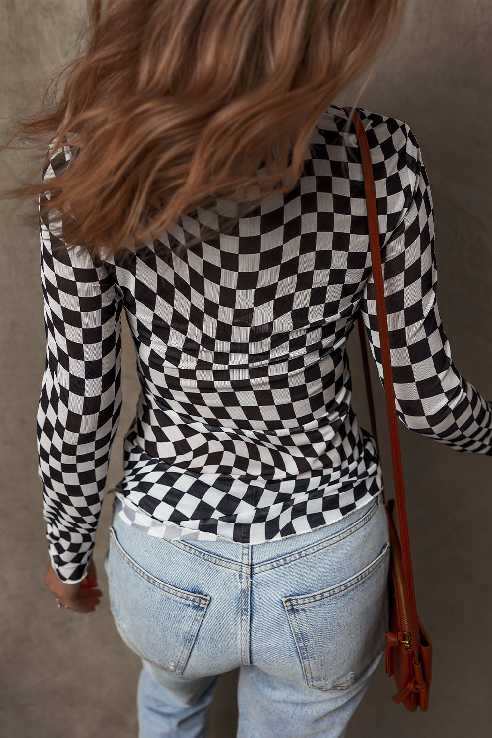 Black Checkered Pattern Mesh Mock Neck Long Sleeve Top ClassiQ