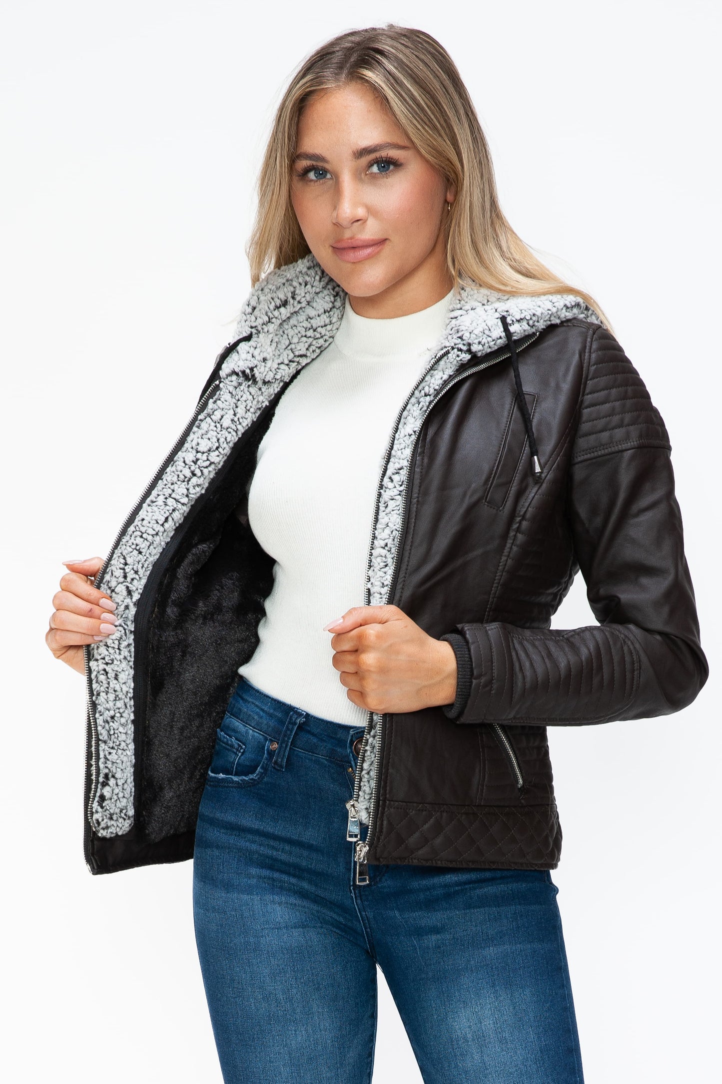 YMI Faux Layered Double-Zipper Jacket with Fuzzy Hood - ClassiQ
