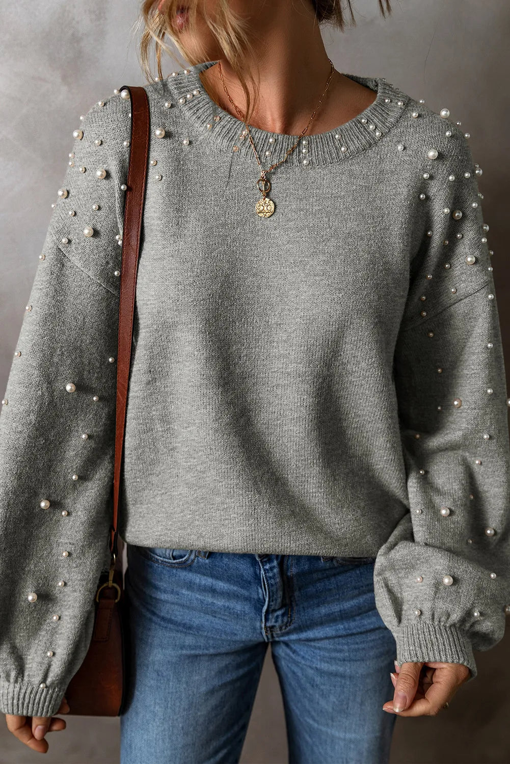 Pearl Detail Round Neck Long Sleeve Sweater - ClassiQ