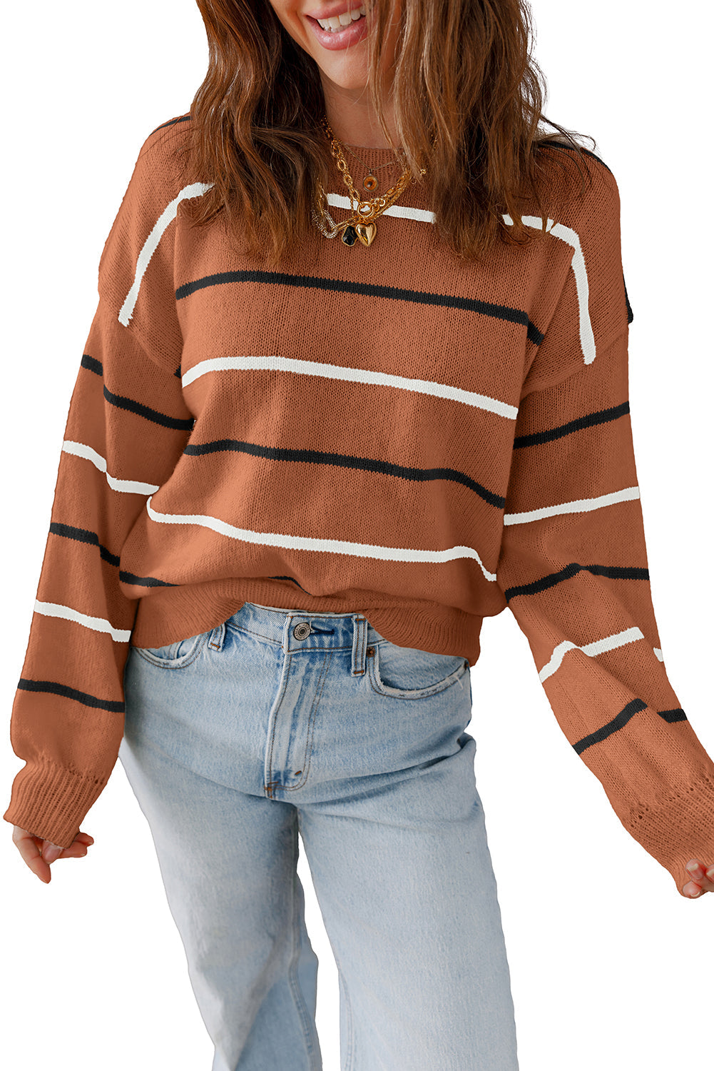 Brown Striped Ribbed Edge Drop Shoulder Sweater Shewin