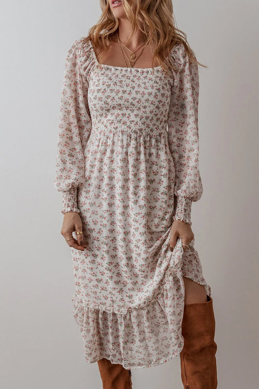 Smocked Floral Square Neck Long Sleeve Midi Dress - Classique Collection