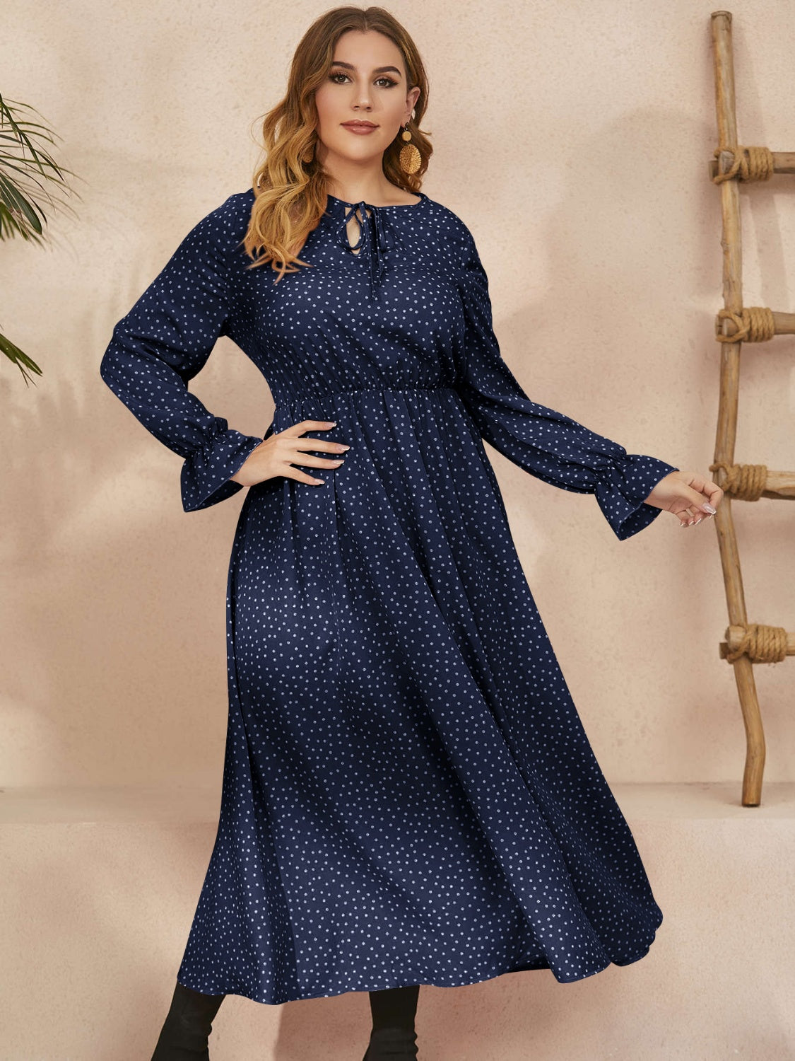 Honey Plus Size Ruffled Polka Dot Long Sleeve Midi Dress - Classique Collection