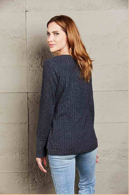 Mandy V-Neck Long Sleeve Ribbed Top - Classique Collection