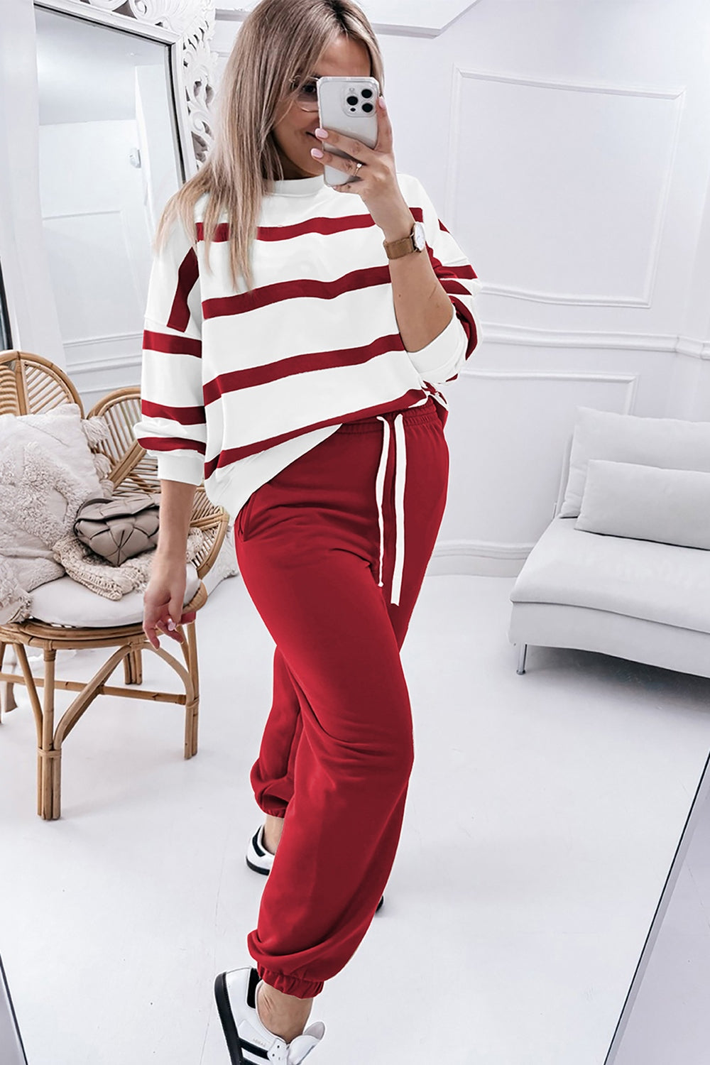 Striped Round Neck Long Sleeve Top and Pants Set - ClassiQ