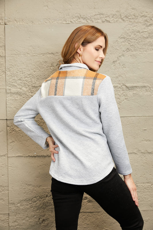 Perfee Spliced Plaid Quarter-Snap Mock Neck Top - Classique Collection