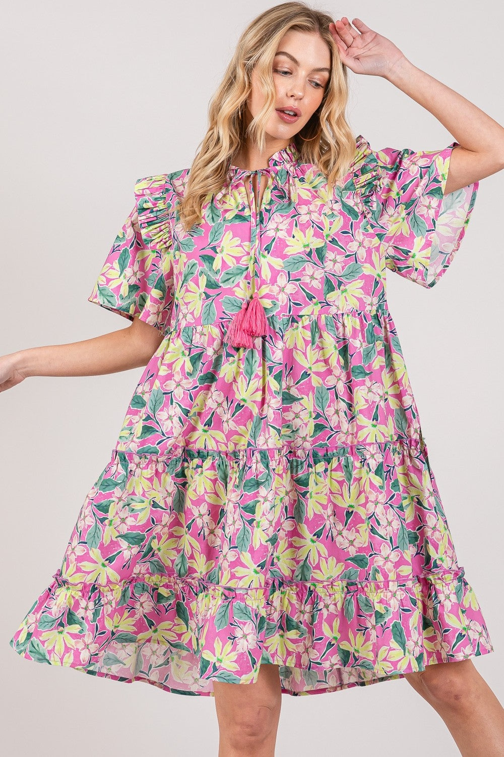 SAGE + FIG Floral Ruffle Short Sleeve Dress - Classique Collection