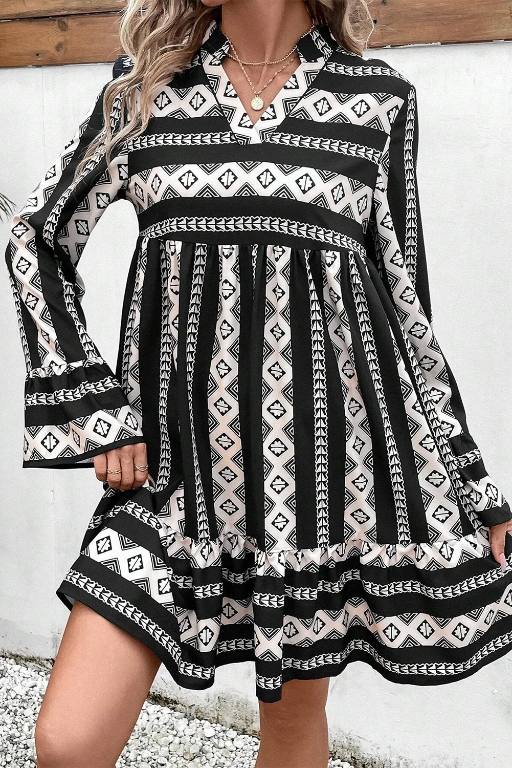 Ruffle Hem Geometric Notched Flare Sleeve Dress - Classique Collection
