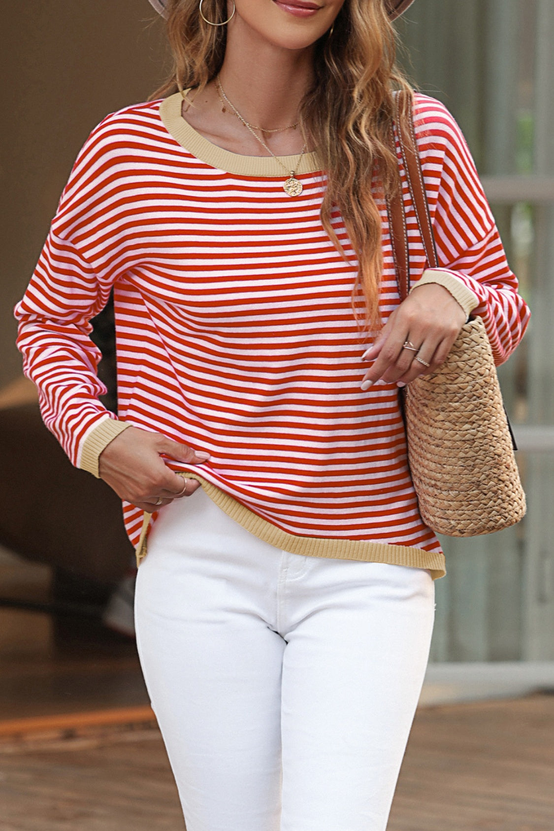 Striped Round Neck Drop Shoulder T-Shirt - ClassiQ