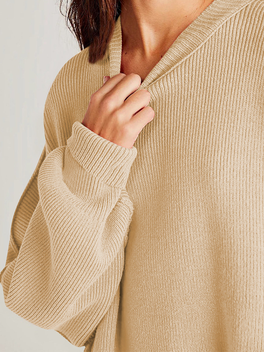 Double Take Side Slit Round Neck Long Sleeve Sweater - ClassiQ
