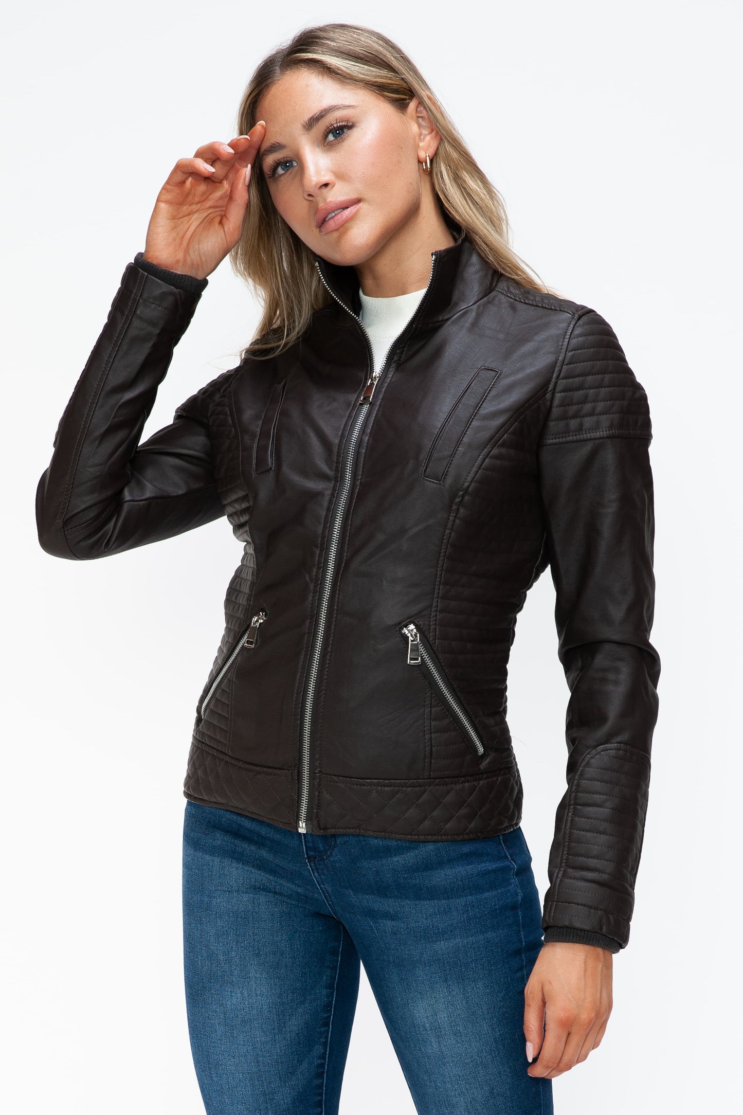 YMI Faux Layered Double-Zipper Jacket with Fuzzy Hood - ClassiQ