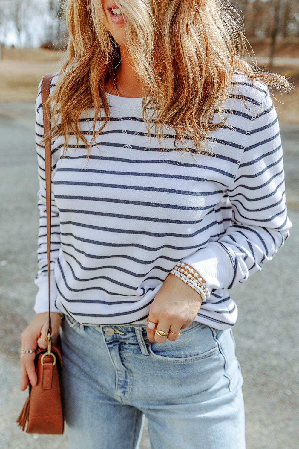 Striped Long Sleeve Round Neck Top - ClassiQ