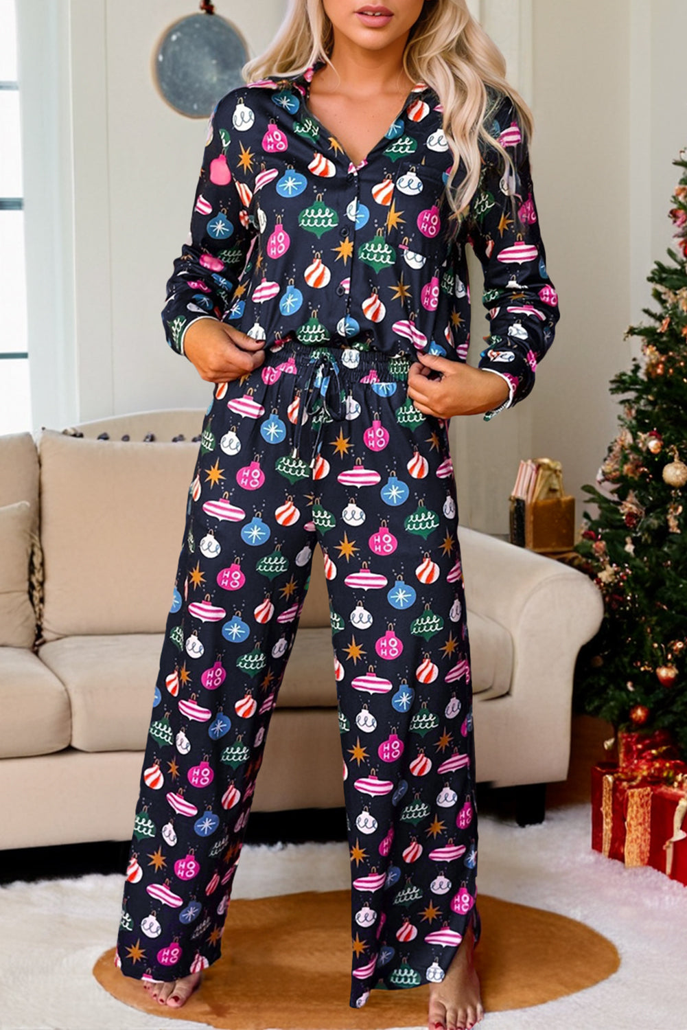 Christmas Lights Print Collared Neck Top and Pants Set - ClassiQ