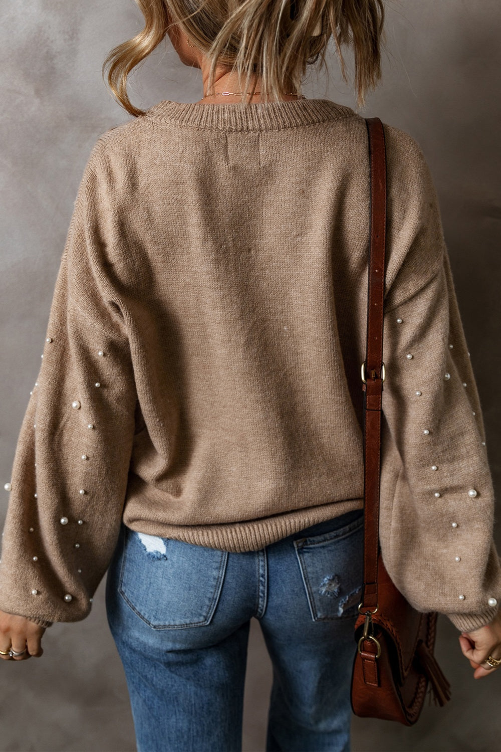 Pearl Detail Round Neck Long Sleeve Sweater - ClassiQ