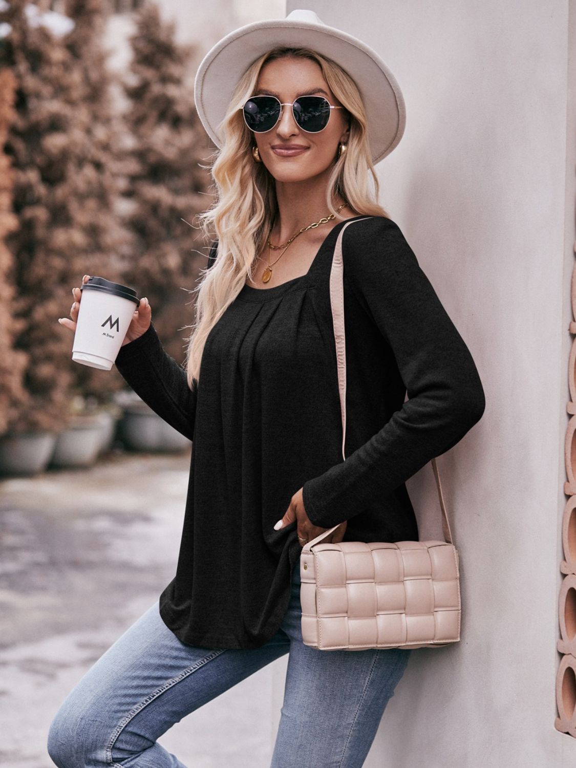 Mandy Pleated Detail Curved Hem Long Sleeve Top - ClassiQ