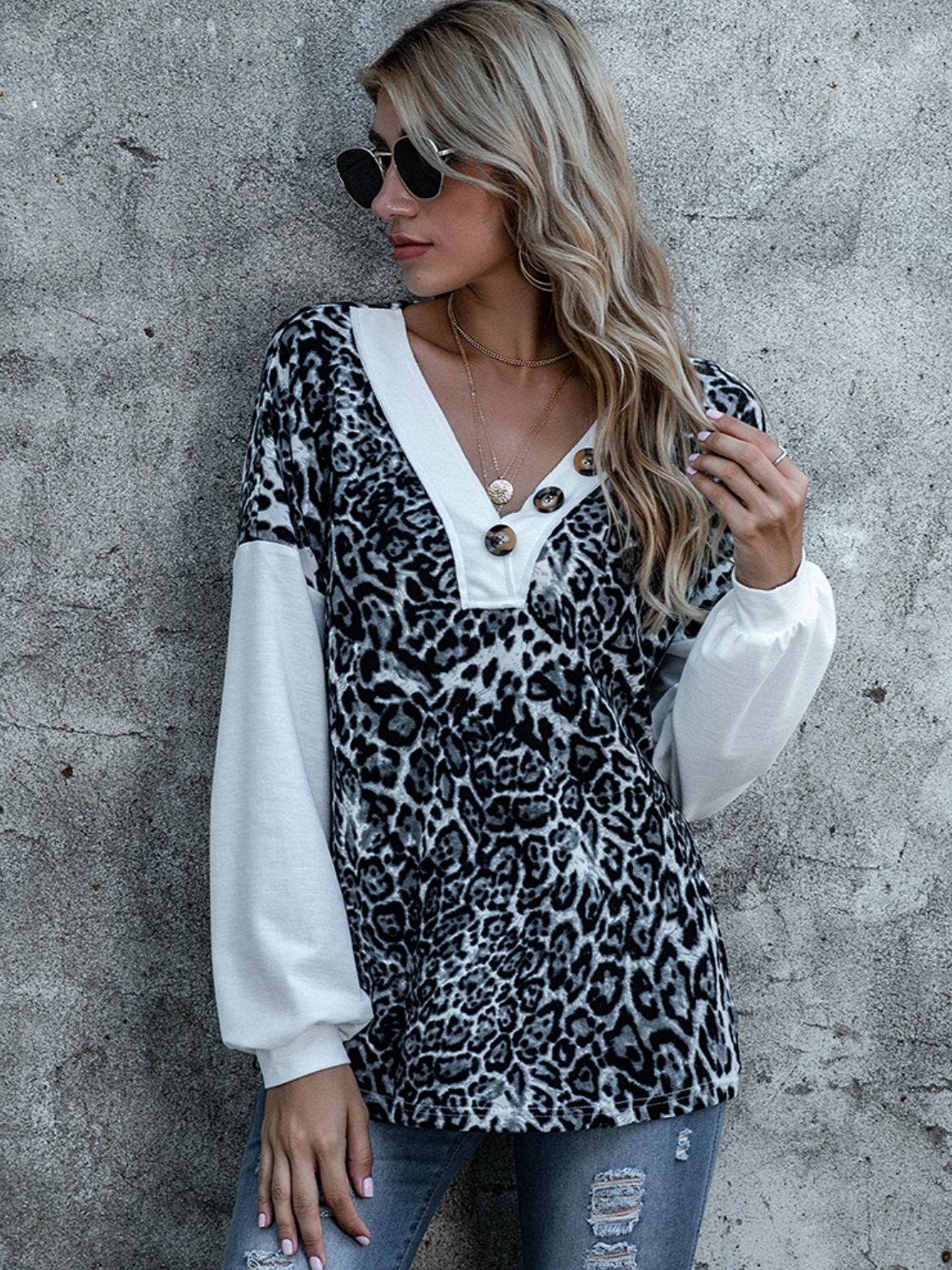 Shiny Leopard Decorative Button V-Neck Top - Classique Collection