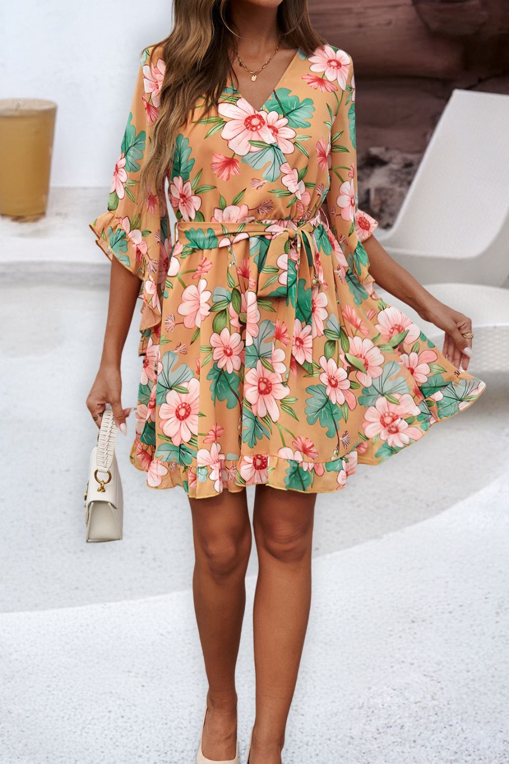 Devine Ruffled Printed Surplice Half Sleeve Mini Dress - Classique Collection
