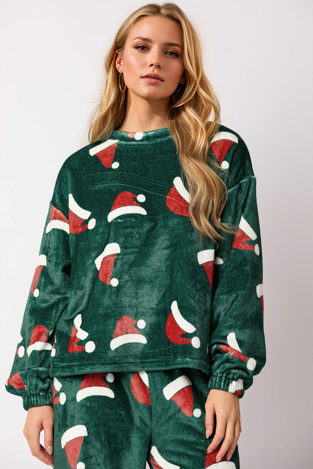 Christmas Hat Pattern Round Neck Long Sleeve Top and Pants Set - ClassiQ