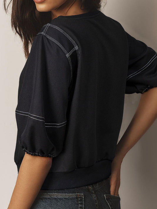 Contrast Stitches Detail Half Sleeve Blouse - ClassiQ