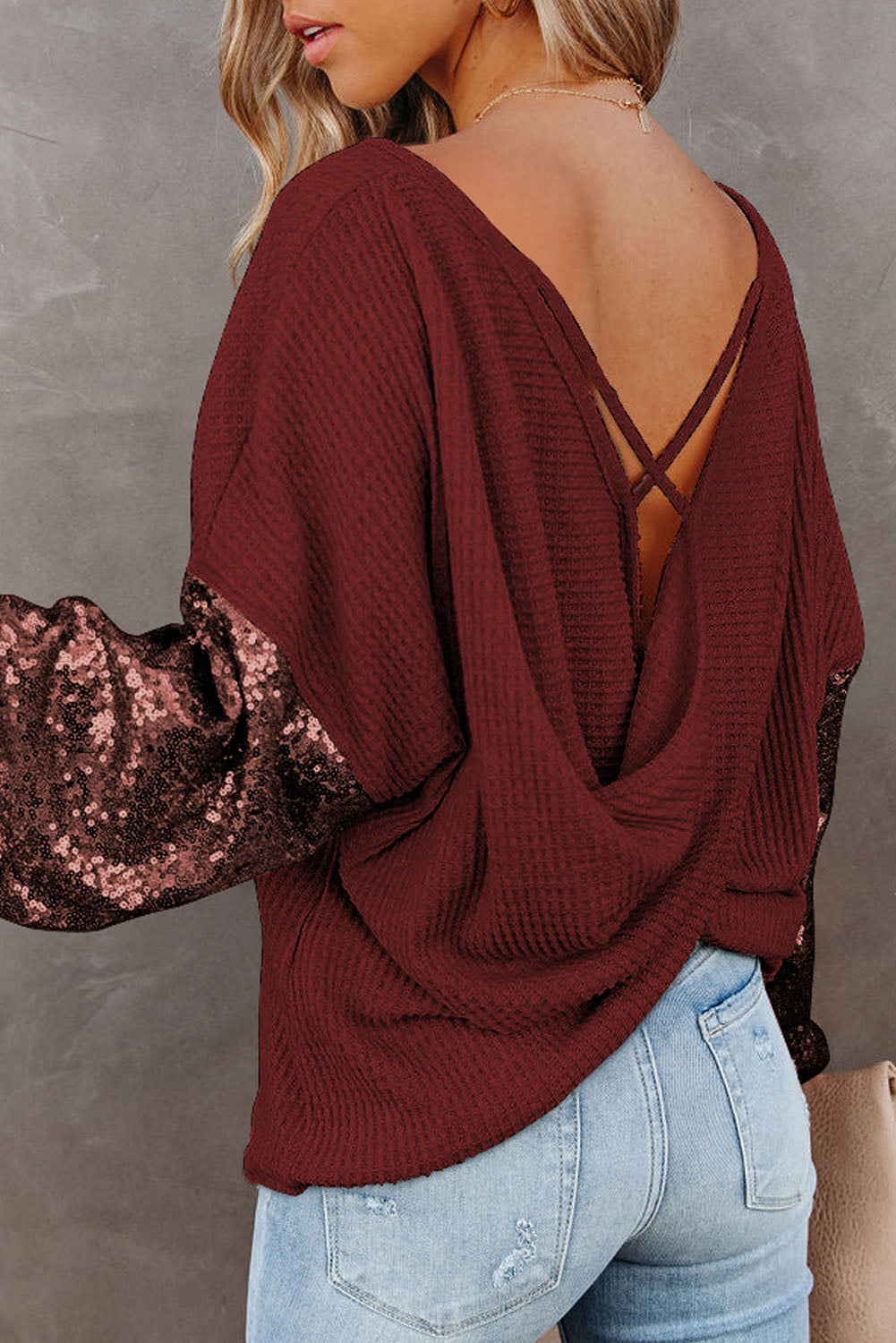 Sequin Waffle-Knit Blouse - ClassiQ