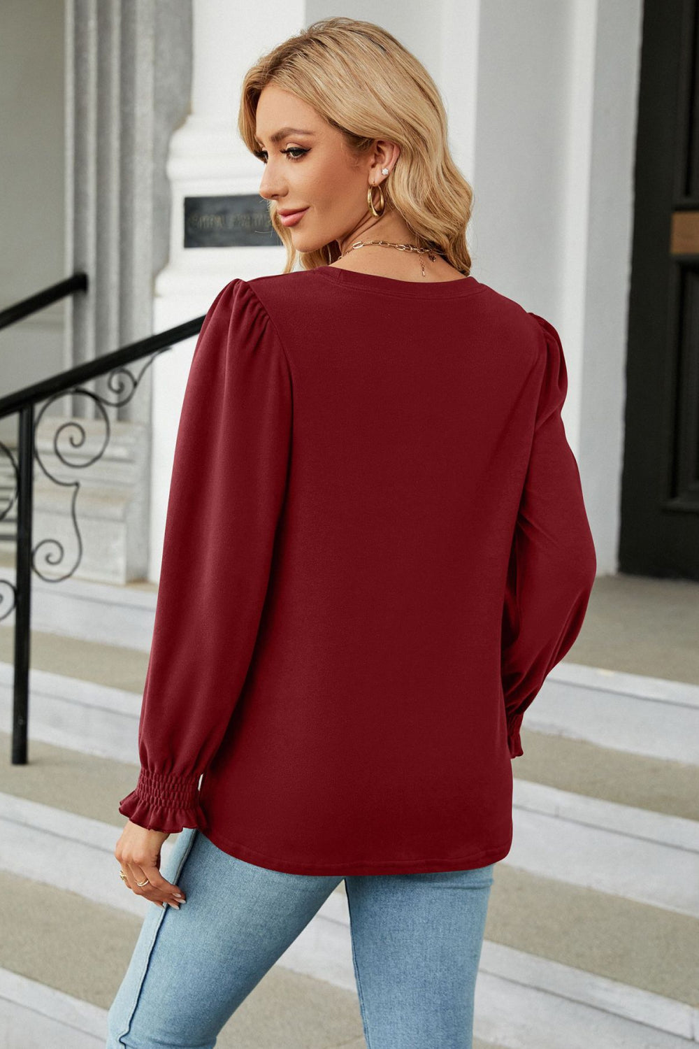 Round Neck Smocked Flounce Sleeve Blouse - Classique Collection