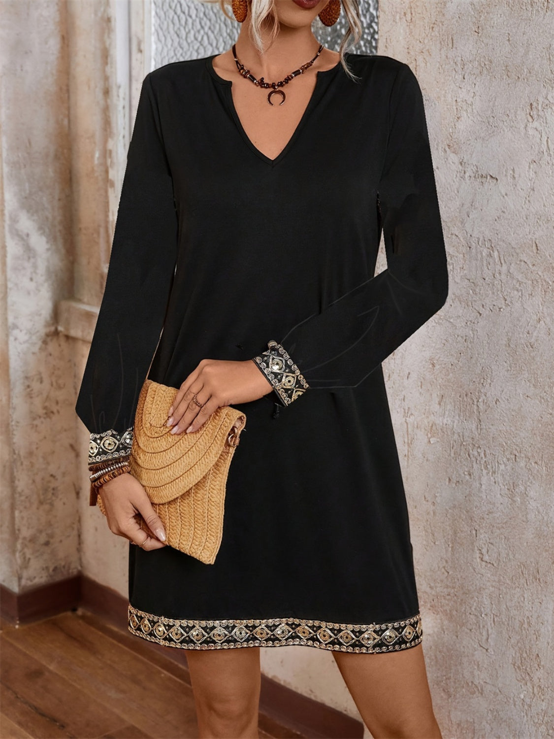Embroidered Notched Long Sleeve Mini Dress - Classique Collection