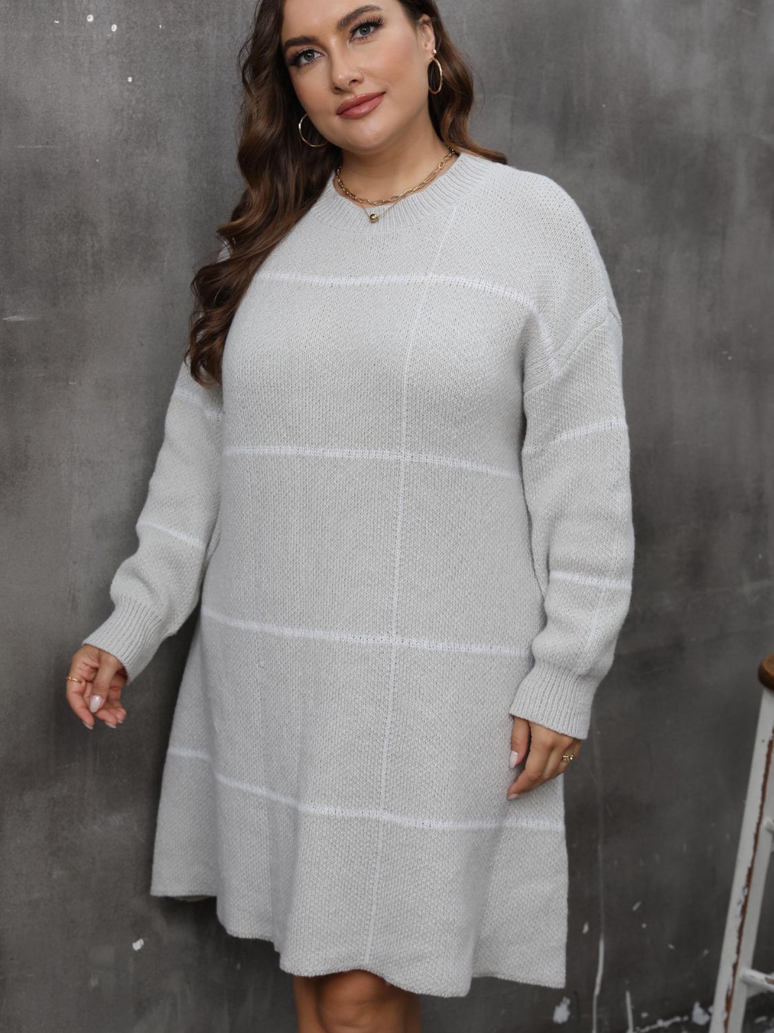 Plus Size Round Neck Long Sleeve Sweater Dress - Classique Collection