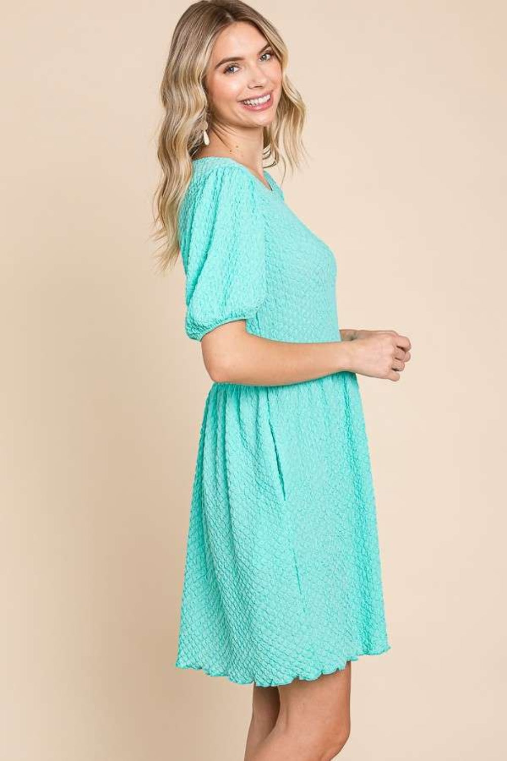 Culture Code Full Size Textured Round Neck Puff Sleeve Dress - Classique Collection