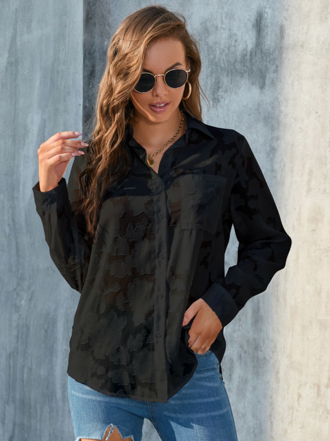 Full Size Collared Neck Long Sleeve Shirt Plus Size - Classique Collection
