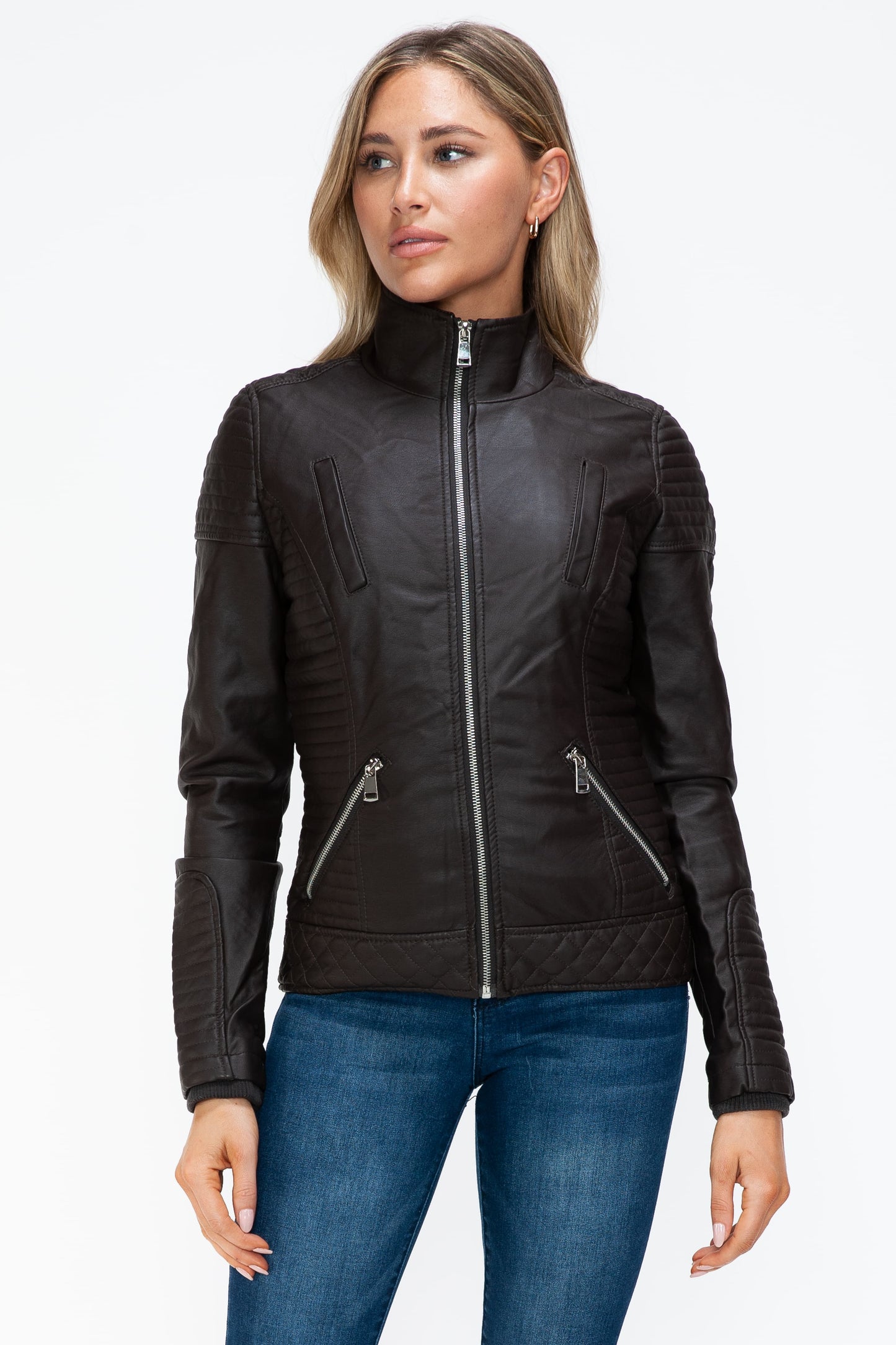 YMI Faux Layered Double-Zipper Jacket with Fuzzy Hood - ClassiQ